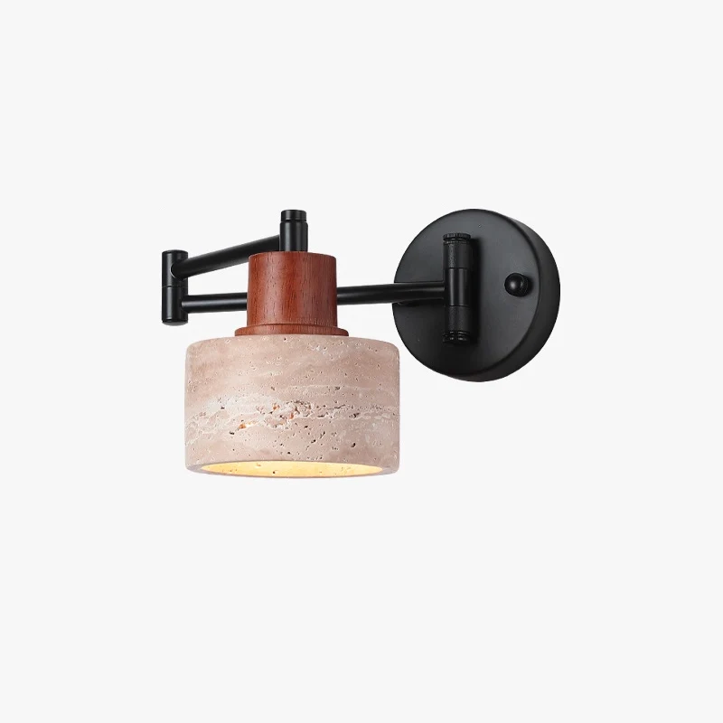 Contemporary Retro Yellow Travertine Walnut Wood Iron Cylinder & Truncated Cone 1-Light Wall Sconce Lamp For Bedroom