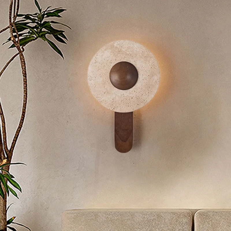 Modern Shabby Chic Yellow Travertine Rubberwood Geometric Combined Shape LED Wall Sconce Lamp For Living Room & Bedroom