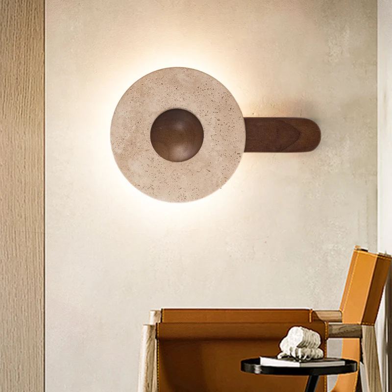 Modern Shabby Chic Yellow Travertine Rubberwood Geometric Combined Shape LED Wall Sconce Lamp For Living Room & Bedroom