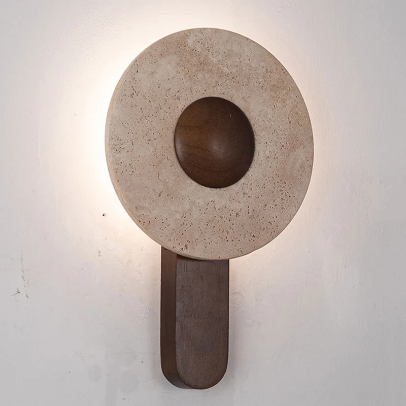 Modern Shabby Chic Yellow Travertine Rubberwood Geometric Combined Shape LED Wall Sconce Lamp For Living Room & Bedroom