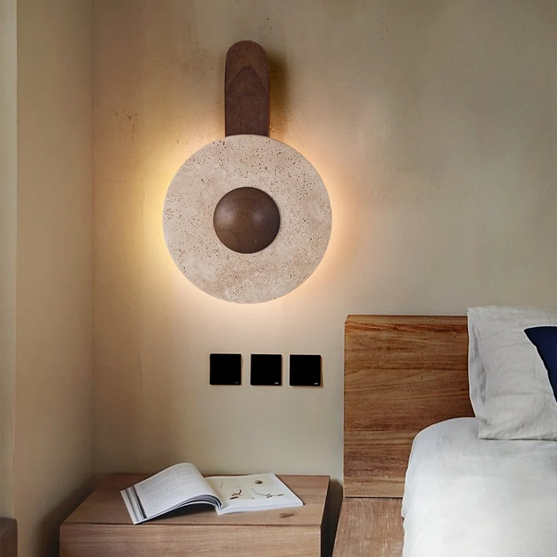 Modern Shabby Chic Yellow Travertine Rubberwood Geometric Combined Shape LED Wall Sconce Lamp For Living Room & Bedroom