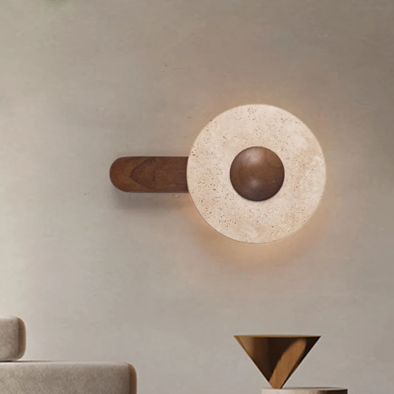 Modern Shabby Chic Yellow Travertine Rubberwood Geometric Combined Shape LED Wall Sconce Lamp For Living Room & Bedroom