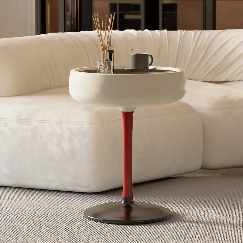 Contemporary Creative Fiberglass Wine Glass Shape Round Side Table With Tempered Glass Top 2-Tier Storage For Living Room & Bedroom
