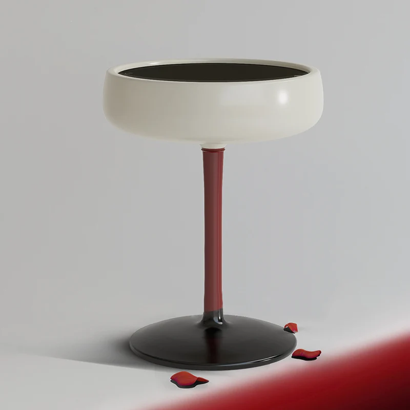 Contemporary Creative Fiberglass Wine Glass Shape Round Side Table With Tempered Glass Top 2-Tier Storage For Living Room & Bedroom