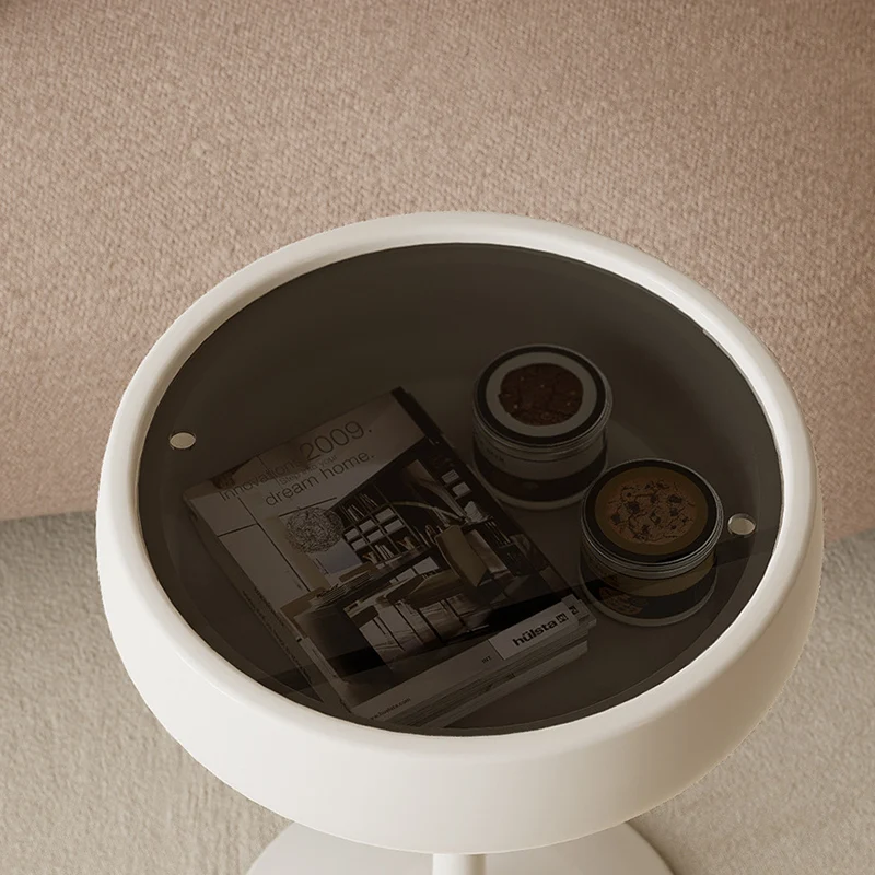Contemporary Creative Fiberglass Wine Glass Shape Round Side Table With Tempered Glass Top 2-Tier Storage For Living Room & Bedroom