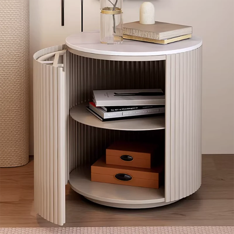 Traditional Japanese Sintered Stone Carbon Steel Metal Round Nightstand 3-Tier With Flip Door Storage For Bedroom & Living Room