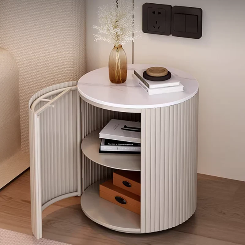 Traditional Japanese Sintered Stone Carbon Steel Metal Round Nightstand 3-Tier With Flip Door Storage For Bedroom & Living Room