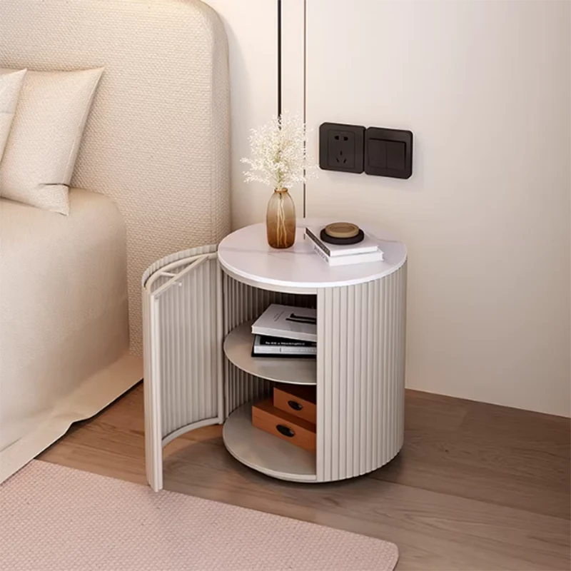 Traditional Japanese Sintered Stone Carbon Steel Metal Round Nightstand 3-Tier With Flip Door Storage For Bedroom & Living Room