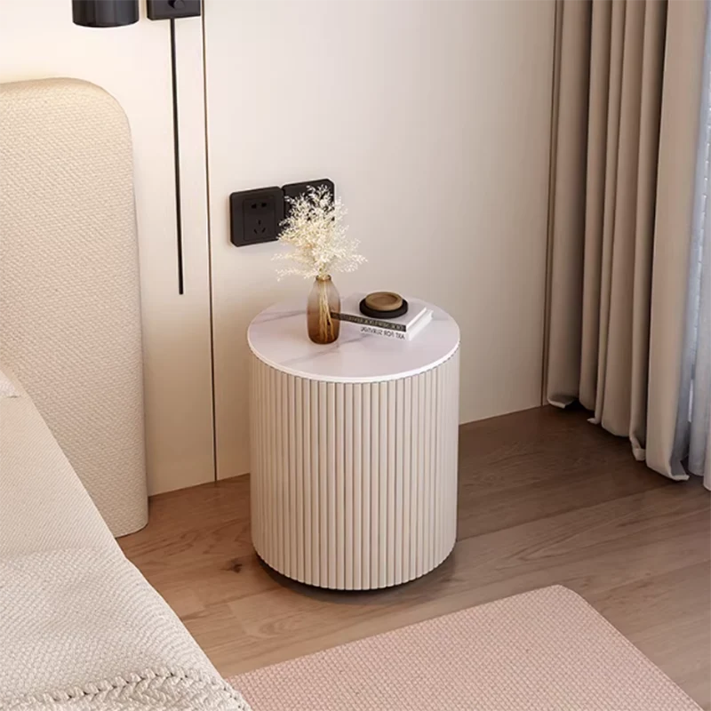 Traditional Japanese Sintered Stone Carbon Steel Metal Round Nightstand 3-Tier With Flip Door Storage For Bedroom & Living Room