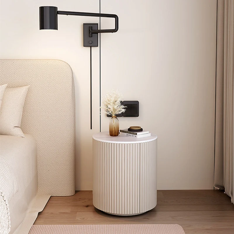Traditional Japanese Sintered Stone Carbon Steel Metal Round Nightstand 3-Tier With Flip Door Storage For Bedroom & Living Room