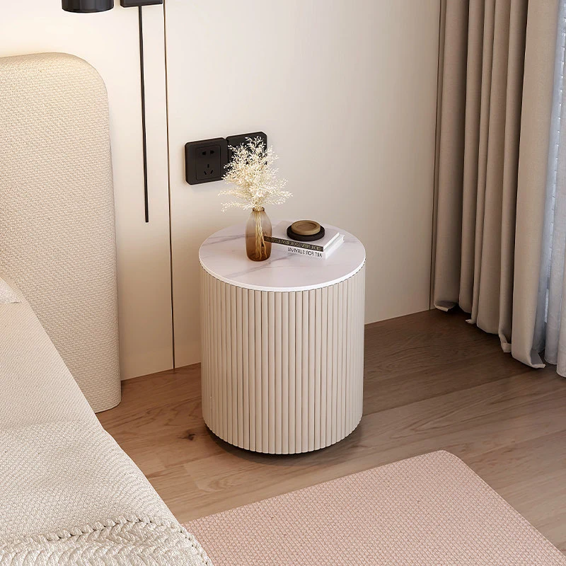 Traditional Japanese Sintered Stone Carbon Steel Metal Round Nightstand 3-Tier With Flip Door Storage For Bedroom & Living Room