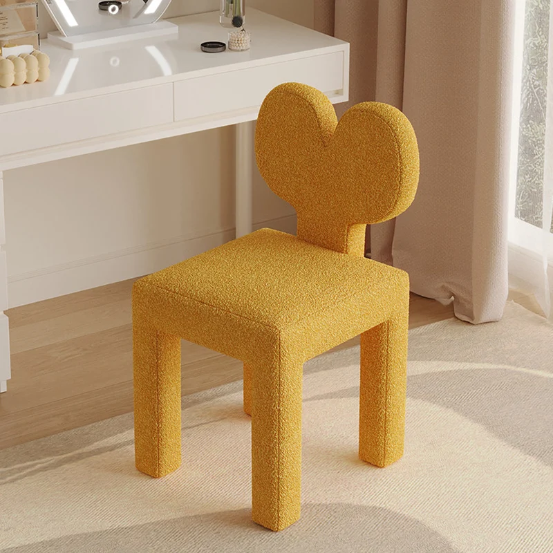 Contemporary Creative Sherpa Fabric & Velvet Fabric Iron Frame Heart-Back Cute Vanity Stool With Backrest For Bedroom
