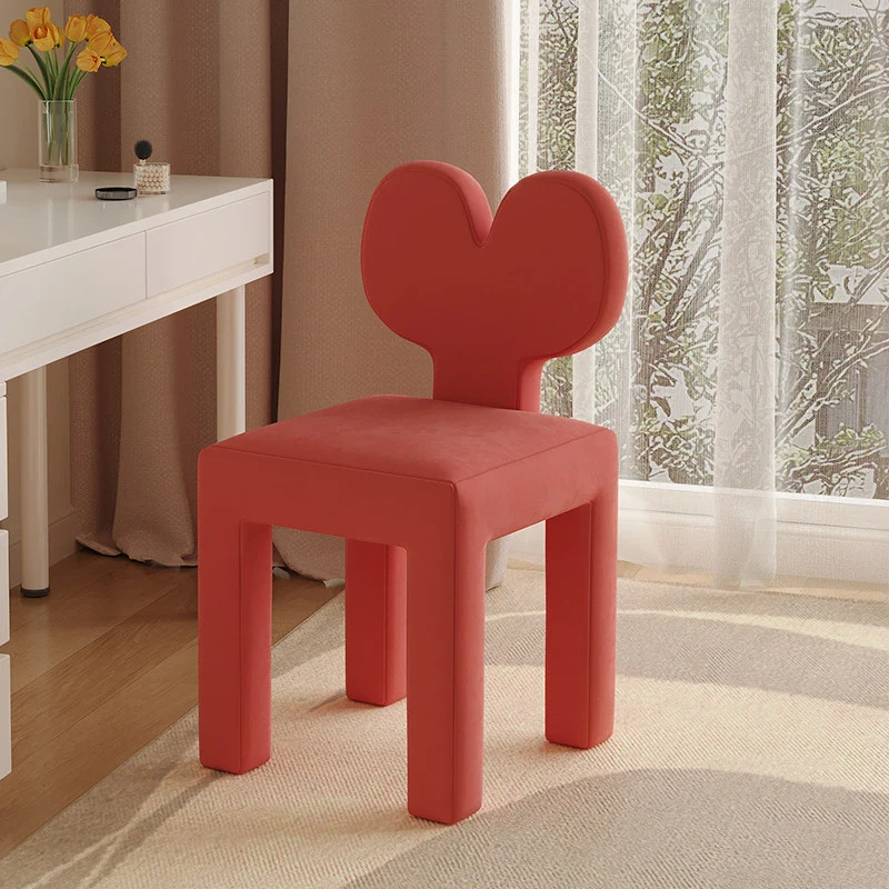 Contemporary Creative Sherpa Fabric & Velvet Fabric Iron Frame Heart-Back Cute Vanity Stool With Backrest For Bedroom