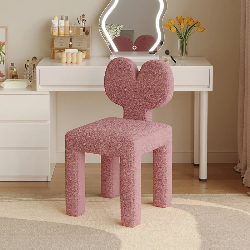 Contemporary Creative Sherpa Fabric & Velvet Fabric Iron Frame Heart-Back Cute Vanity Stool With Backrest For Bedroom