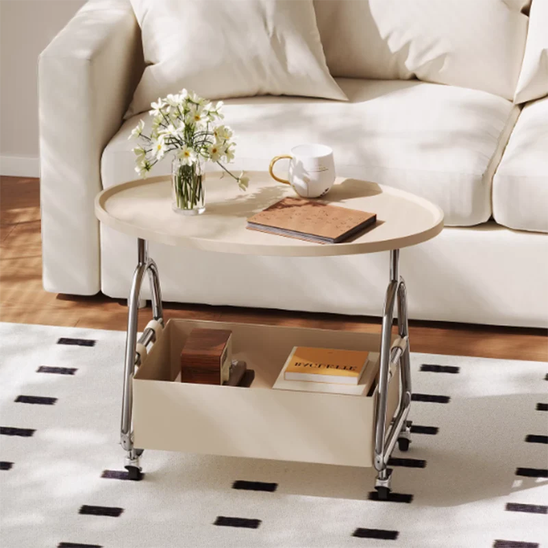 Modern Minimalist Stainless Steel & MDF PU Leather Oval Mobile Sofa Side Table 2-Tier Storage Basket For Living Room