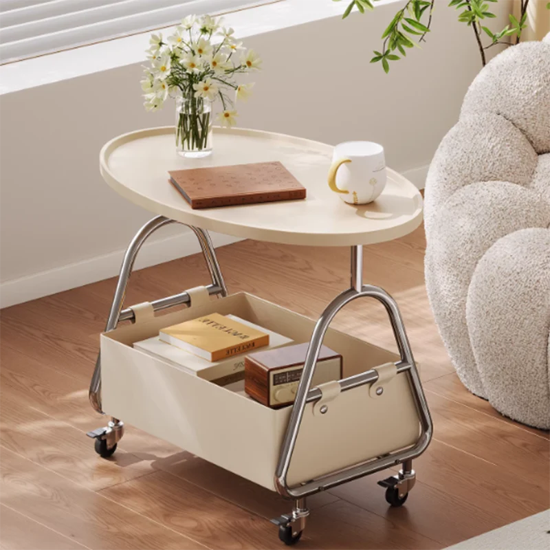 Modern Minimalist Stainless Steel & MDF PU Leather Oval Mobile Sofa Side Table 2-Tier Storage Basket For Living Room