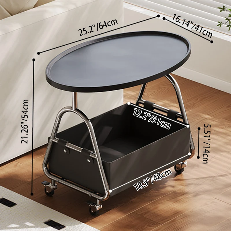 Modern Minimalist Stainless Steel & MDF PU Leather Oval Mobile Sofa Side Table 2-Tier Storage Basket For Living Room