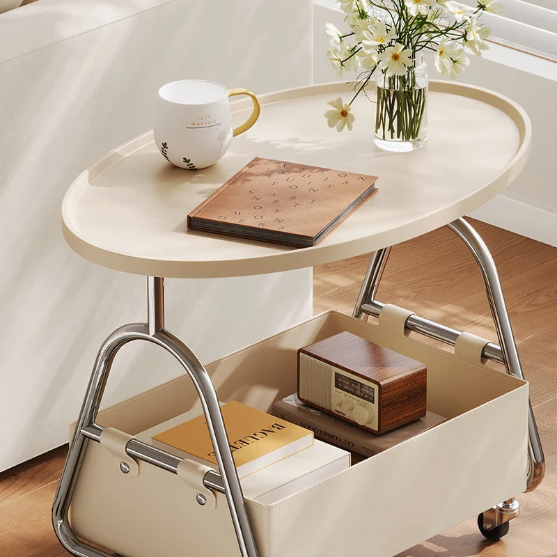 Modern Minimalist Stainless Steel & MDF PU Leather Oval Mobile Sofa Side Table 2-Tier Storage Basket For Living Room