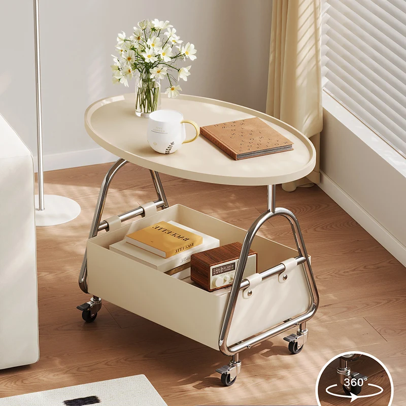 Modern Minimalist Stainless Steel & MDF PU Leather Oval Mobile Sofa Side Table 2-Tier Storage Basket For Living Room