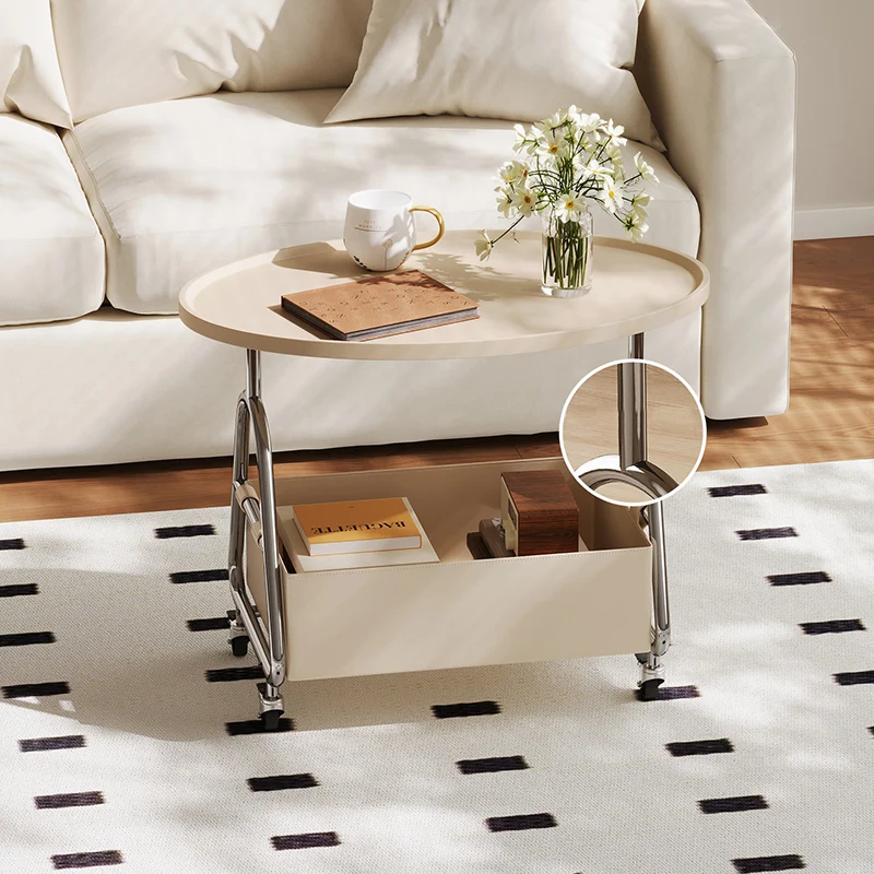 Modern Minimalist Stainless Steel & MDF PU Leather Oval Mobile Sofa Side Table 2-Tier Storage Basket For Living Room