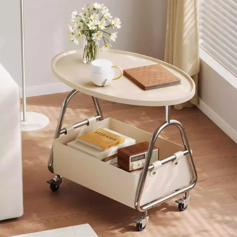 Modern Minimalist Stainless Steel & MDF PU Leather Oval Mobile Sofa Side Table 2-Tier Storage Basket For Living Room