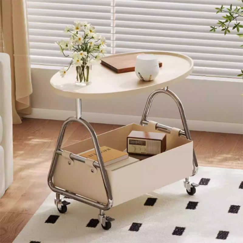 Modern Minimalist Stainless Steel & MDF PU Leather Oval Mobile Sofa Side Table 2-Tier Storage Basket For Living Room