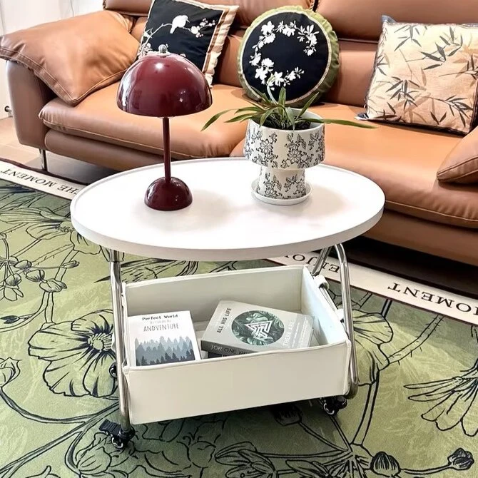 Modern Minimalist Stainless Steel & MDF PU Leather Oval Mobile Sofa Side Table 2-Tier Storage Basket For Living Room