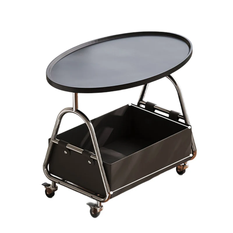 Modern Minimalist Stainless Steel & MDF PU Leather Oval Mobile Sofa Side Table 2-Tier Storage Basket For Living Room