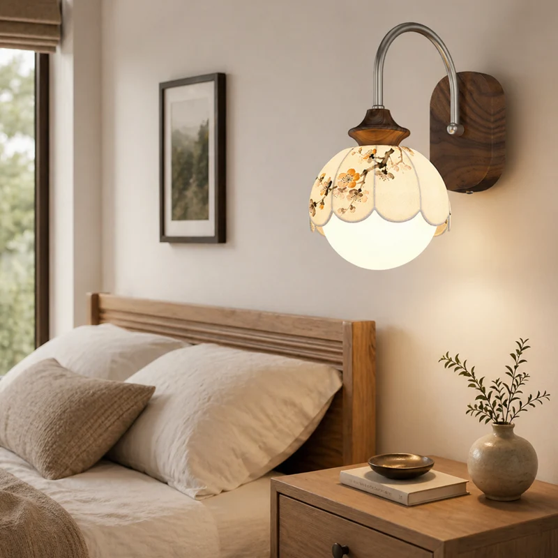 Traditional Chinese Floral Print Iron Fabric Round 1-Light Wall Sconce Lamp For Bedroom