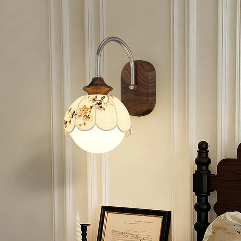 Traditional Chinese Floral Print Iron Fabric Round 1-Light Wall Sconce Lamp For Bedroom