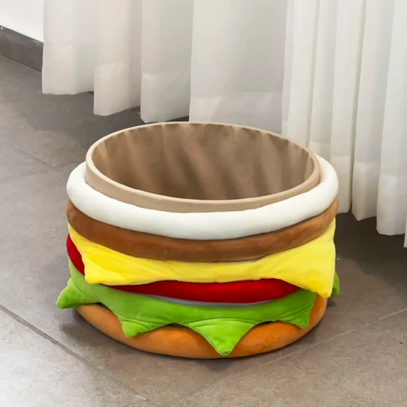 Contemporary Creative Velvet Particleboard Round Hamburger Low Stool Removable & Storage For Living Room