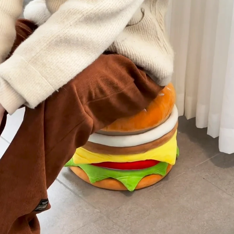 Contemporary Creative Velvet Particleboard Round Hamburger Low Stool Removable & Storage For Living Room