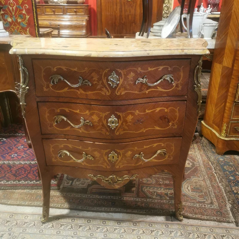 Louis XV three-drawer chest of drawers with marble marquetry