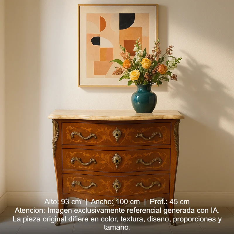 Louis XV three-drawer chest of drawers with marble marquetry