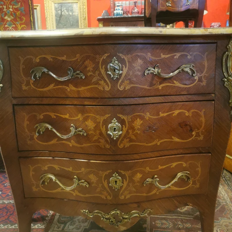 Louis XV three-drawer chest of drawers with marble marquetry