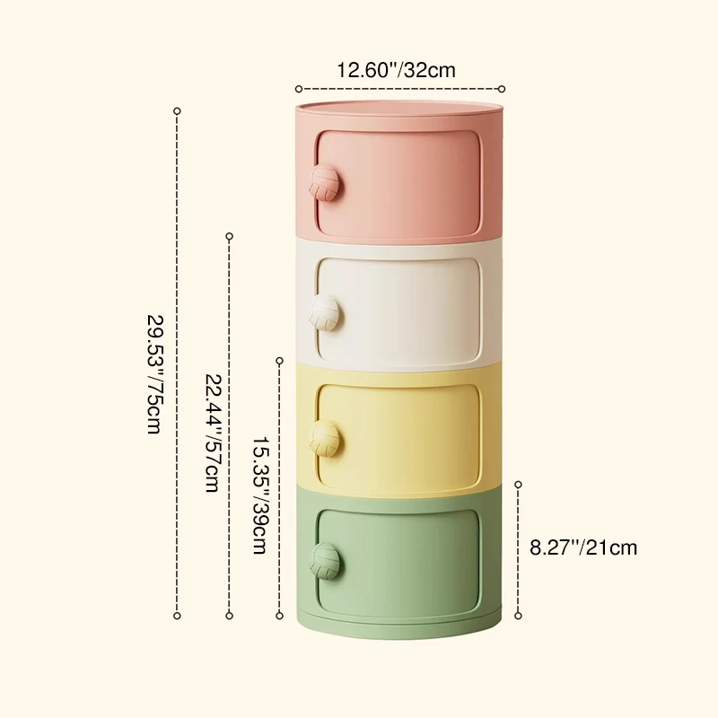 Modern Minimalist Dopamine Detachable Round Plastic Nightstand 1/2/3/4-Cabinet For Bedroom