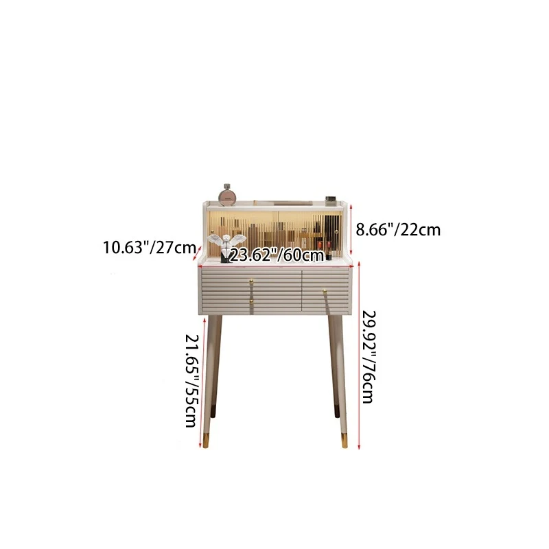 Traditional French MDF Iron Glass Sintered Stone Rectangular Fluted Cylindrical Makeup Vanity 3-Drawer For Bedroom