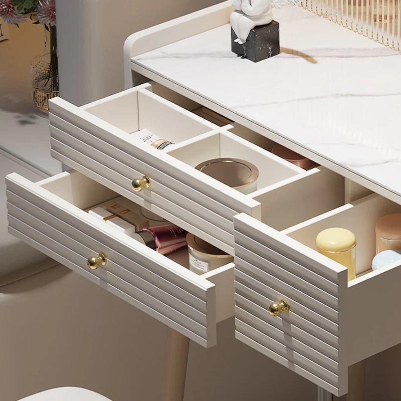 Traditional French MDF Iron Glass Sintered Stone Rectangular Fluted Cylindrical Makeup Vanity 3-Drawer For Bedroom