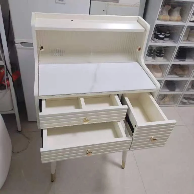Traditional French MDF Iron Glass Sintered Stone Rectangular Fluted Cylindrical Makeup Vanity 3-Drawer For Bedroom
