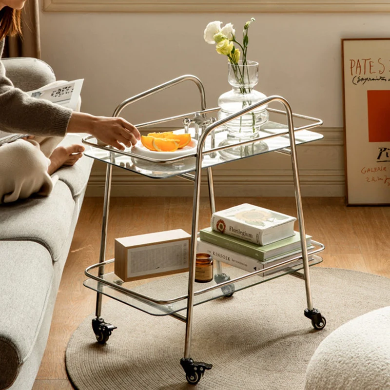 Contemporary Industrial Tempered Glass Stainless Steel Trapezoidal Movable End Table 2-Layer For Living Room