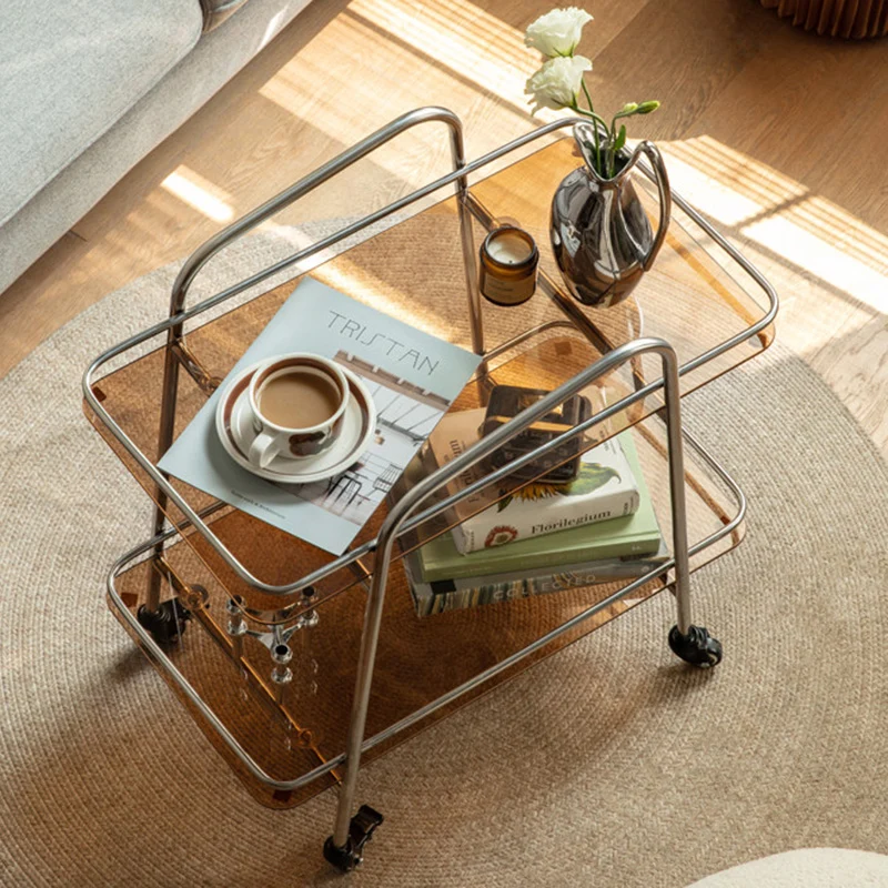 Contemporary Industrial Tempered Glass Stainless Steel Trapezoidal Movable End Table 2-Layer For Living Room