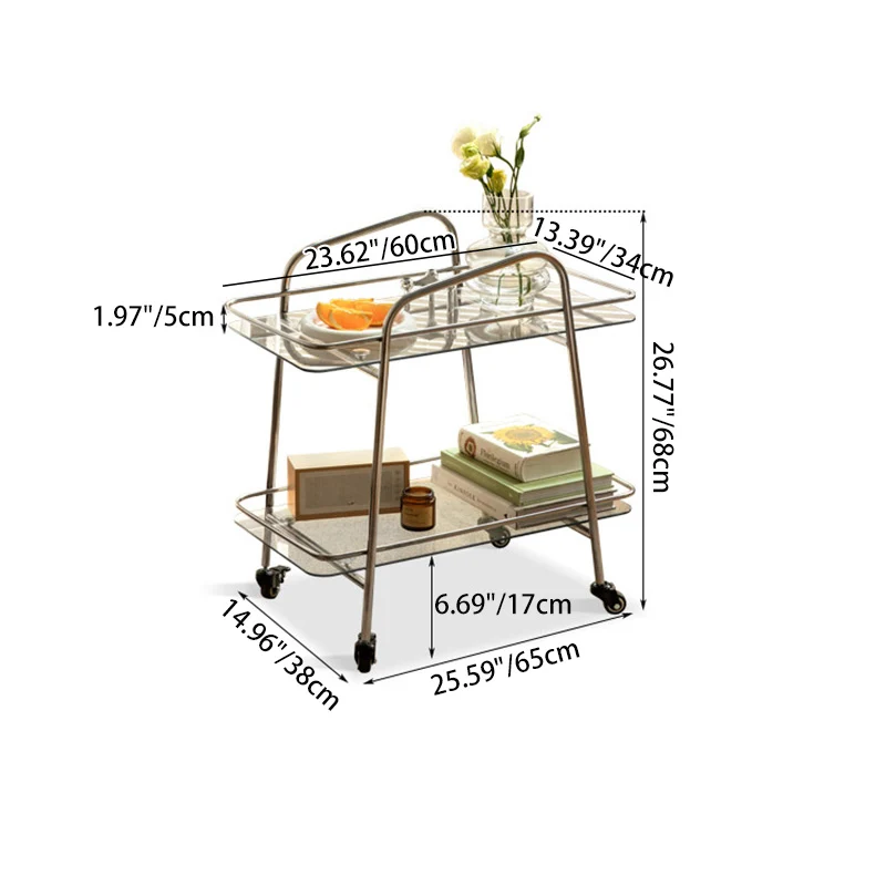 Contemporary Industrial Tempered Glass Stainless Steel Trapezoidal Movable End Table 2-Layer For Living Room
