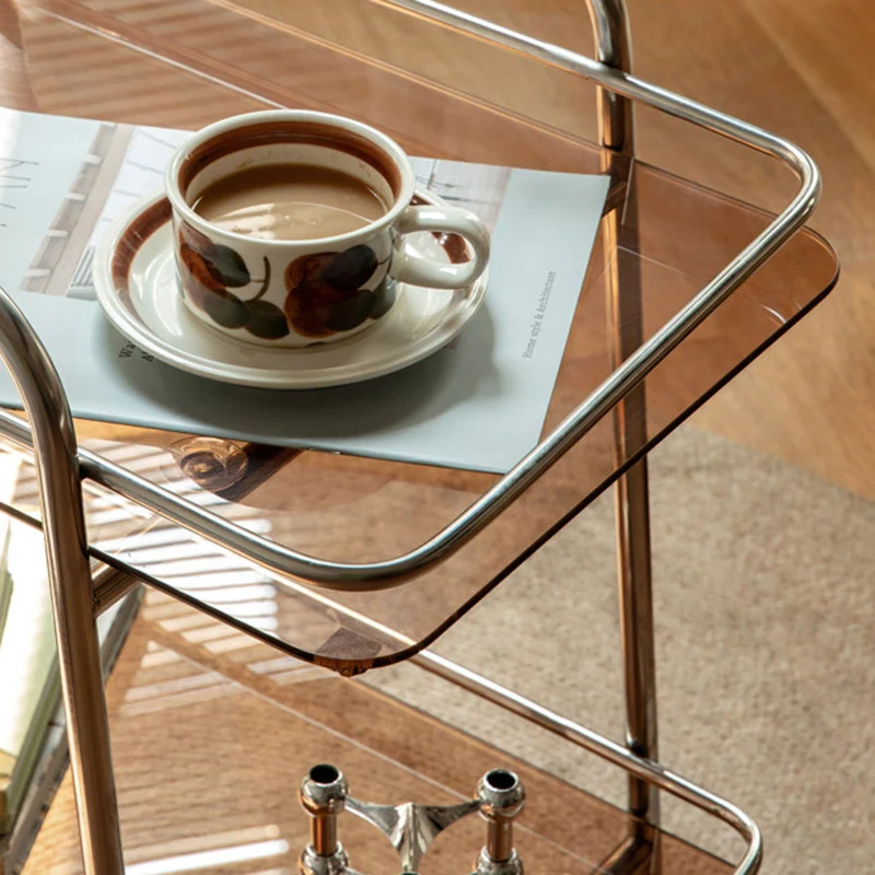 Contemporary Industrial Tempered Glass Stainless Steel Trapezoidal Movable End Table 2-Layer For Living Room
