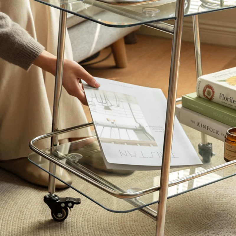 Contemporary Industrial Tempered Glass Stainless Steel Trapezoidal Movable End Table 2-Layer For Living Room