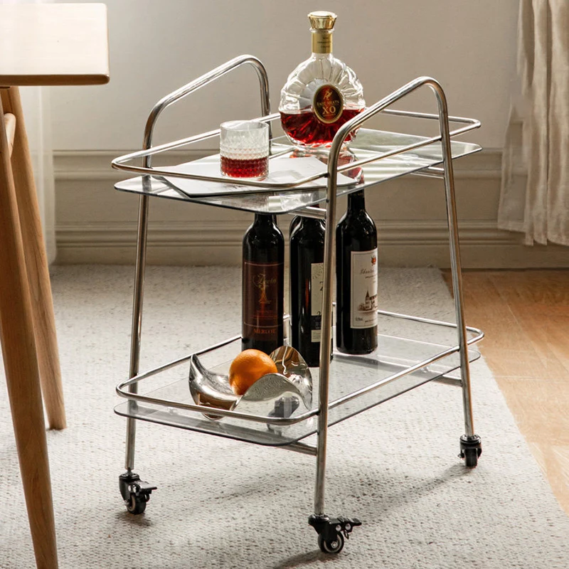 Contemporary Industrial Tempered Glass Stainless Steel Trapezoidal Movable End Table 2-Layer For Living Room
