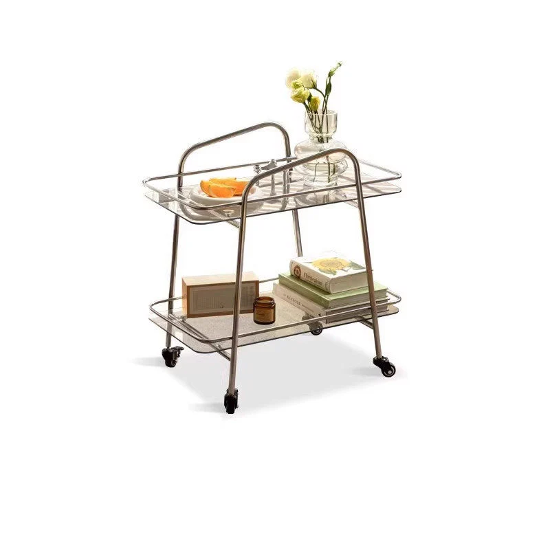 Contemporary Industrial Tempered Glass Stainless Steel Trapezoidal Movable End Table 2-Layer For Living Room