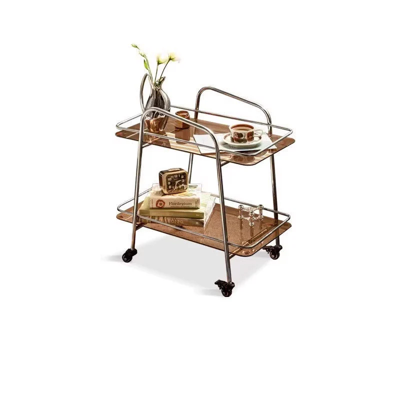 Contemporary Industrial Tempered Glass Stainless Steel Trapezoidal Movable End Table 2-Layer For Living Room
