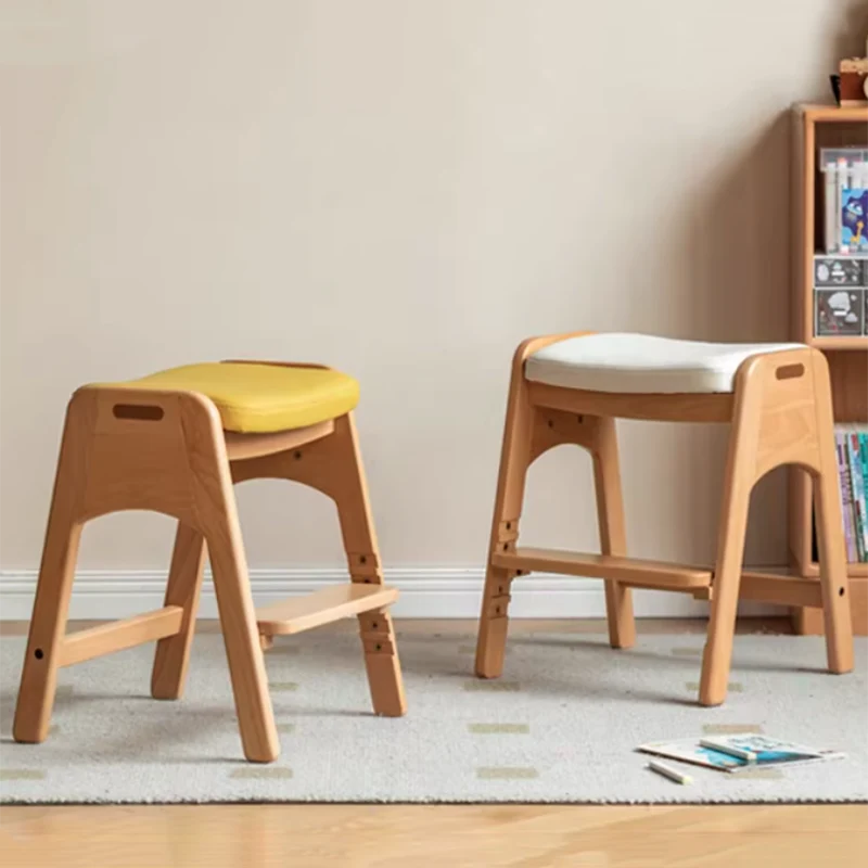 Traditional Japanese Trapezoid Beech Pine Wood PU Leather Adjustable Kids Low Stool For Living Room