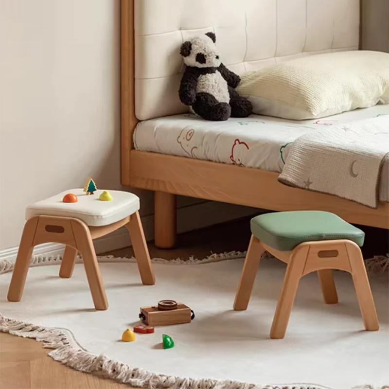 Traditional Japanese Trapezoid Beech Pine Wood PU Leather Adjustable Kids Low Stool For Living Room
