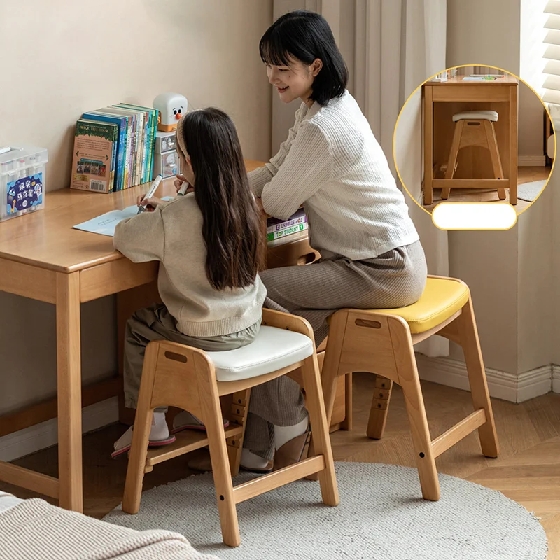 Traditional Japanese Trapezoid Beech Pine Wood PU Leather Adjustable Kids Low Stool For Living Room